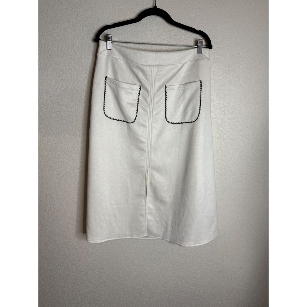 Womens XL‎ Cream Faux Suede Midi Skirt Contrast Stitch Patch Pockets Slit Retro